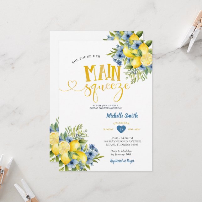 She Found Her Main Squeeze Lemonade Bridal Shower Invitation (Front/Back In Situ)