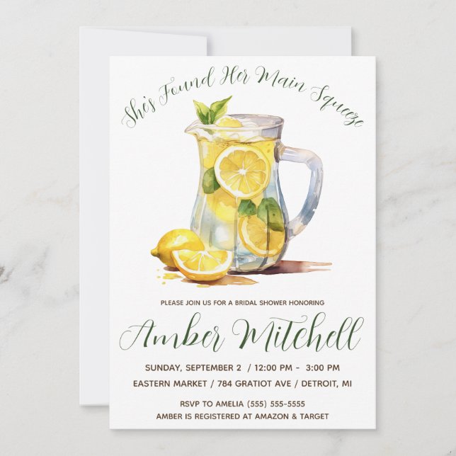 She Found Her Main Squeeze, Lemonade Bridal Shower Invitation (Front)