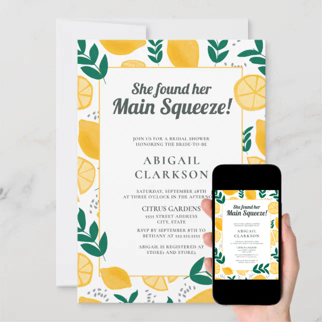 She Found Her Main Squeeze Lemons Bridal Shower Invitation | Zazzle