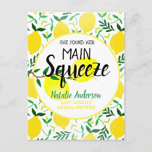 She Found Her Main Squeeze Lemons Bridal Shower Postcard