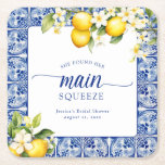 She Found Her Main Squeeze Lemons Bridal Shower Square Paper Coaster<br><div class="desc">This bridal shower invitation features a bright blue theme with citrus.</div>