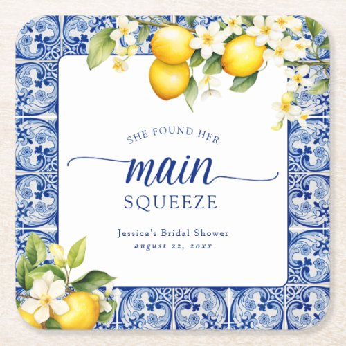 She Found Her Main Squeeze Lemons Bridal Shower Square Paper Coaster