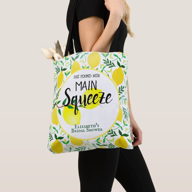 She Found Her Main Squeeze Lemons Bridal Shower Tote Bag (Close Up)