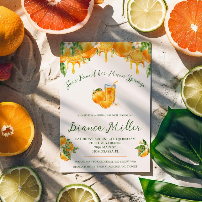She Found Her Main Squeeze Orange Bridal Shower Invitation (Creator Uploaded)