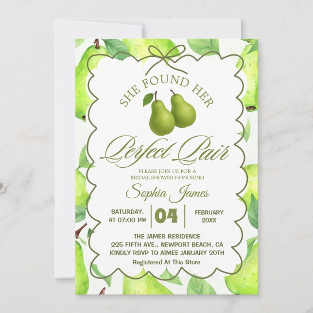 She Found Her Perfect Pear Elegant  Bridal Shower Invitation (Front)
