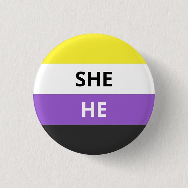 She/He Pronouns Non-Binary Flag Badge Button (Front)