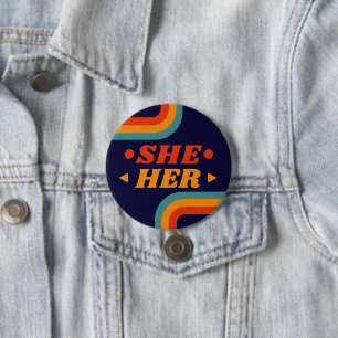 She Her 70s Blue Orange Retro Lines Pronouns Button
