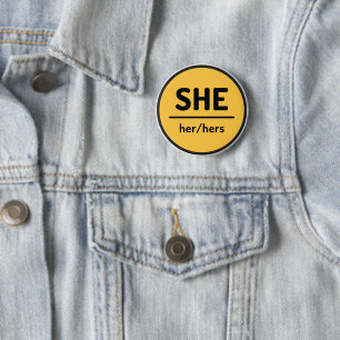 She Her Hers Pronoun Button - Yellow