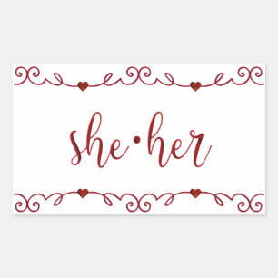 She Her in Red Fancy Doodles Rectangular Sticker