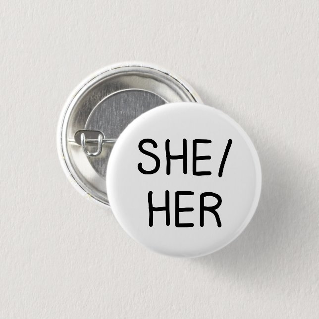 she/her pronoun button badge pin handwritten (Front & Back)