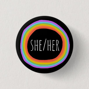 SHE/HER Pronouns Colorful Rainbow Circle Black Button