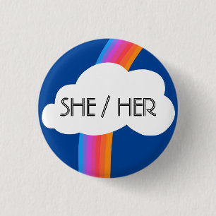 SHE/HER Pronouns Colorful Rainbow Cloud Button