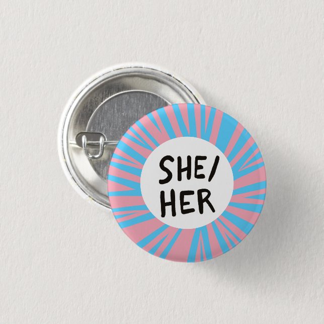 SHE/HER Pronouns Colorful Trans Flag Pink Blue Button (Front & Back)