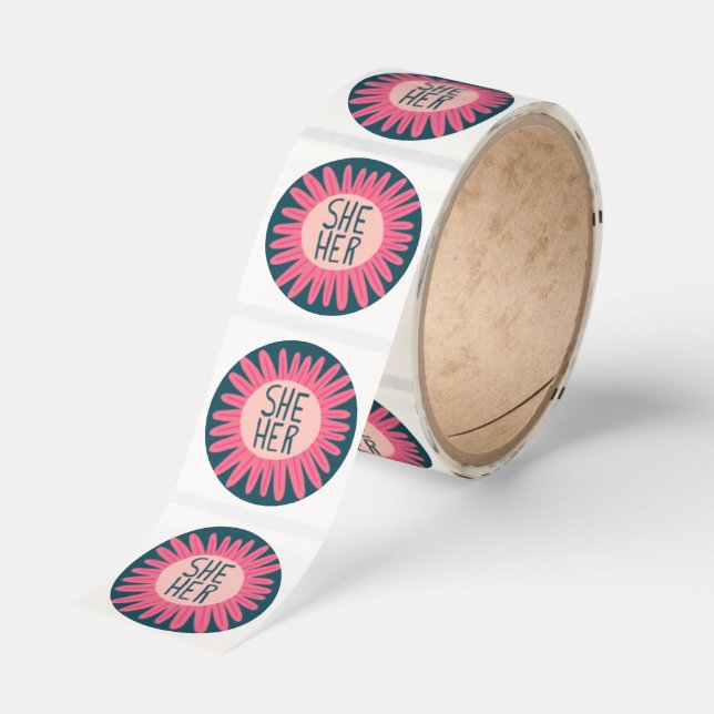 SHE / HER Pronouns Flower Pride Handlettered  Classic Round Sticker (Roll)