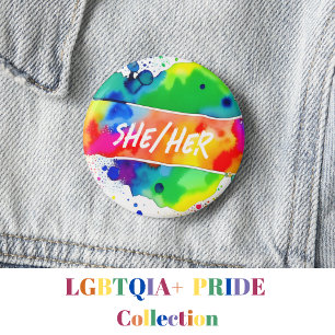 She/Her Pronouns Pride Watercolor Rainbow Button