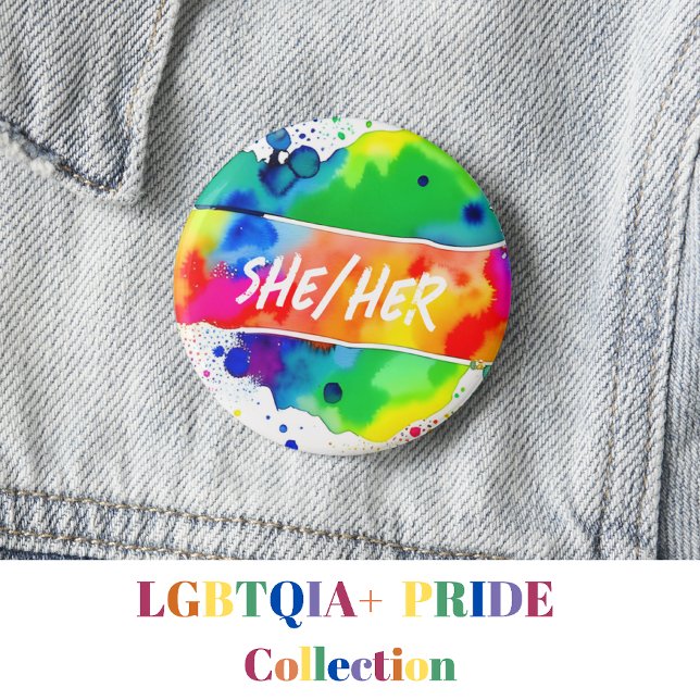 She/Her Pronouns Pride Watercolor Rainbow Button (Creator Uploaded)