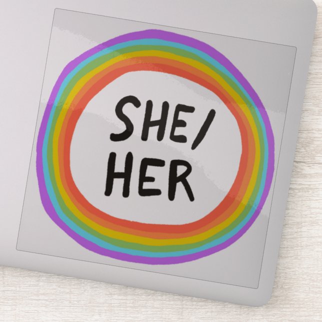 SHE/HER Pronouns Rainbow Circle  Handlettering Sticker (Detail)