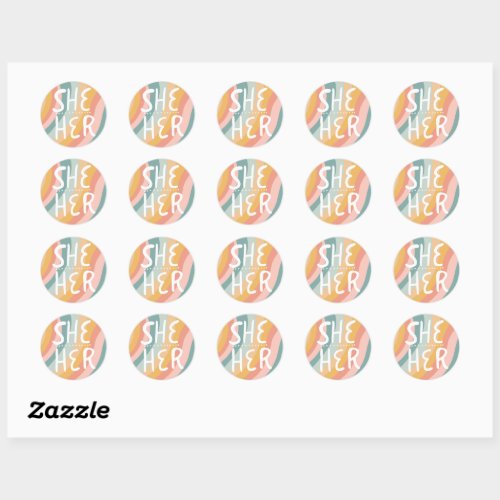 SHEHER Pronouns Rainbow Handlettering Sheet of Classic Round Sticker