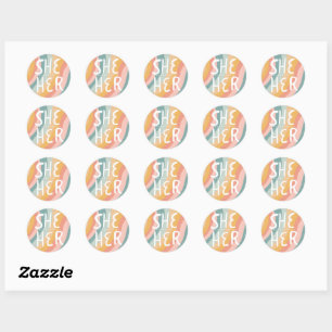 SHE/HER Pronouns Rainbow Handlettering Sheet of Classic Round Sticker