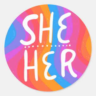 SHE/HER Pronouns Rainbow Handlettering Sheet of Classic Round Sticker