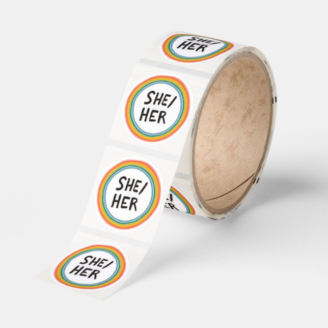 SHE / HER Pronouns Rainbow Soft Circle Ring Classic Round Sticker (Roll)