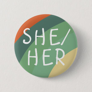 SHE/HER Pronouns Rainbow Stripes Retro Button