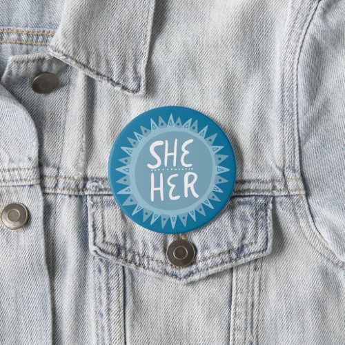 SHE  HER Pronouns Sun Pride Handlettered Blue Button
