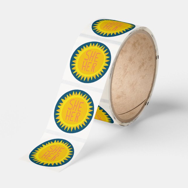 SHE / HER Pronouns Sunshine Pride Handlettered Classic Round Sticker (Roll)