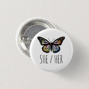 SHE/HER Pronouns Watercolor Butterfly Button