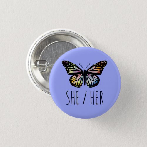 SHEHER Pronouns Watercolor Butterfly Button