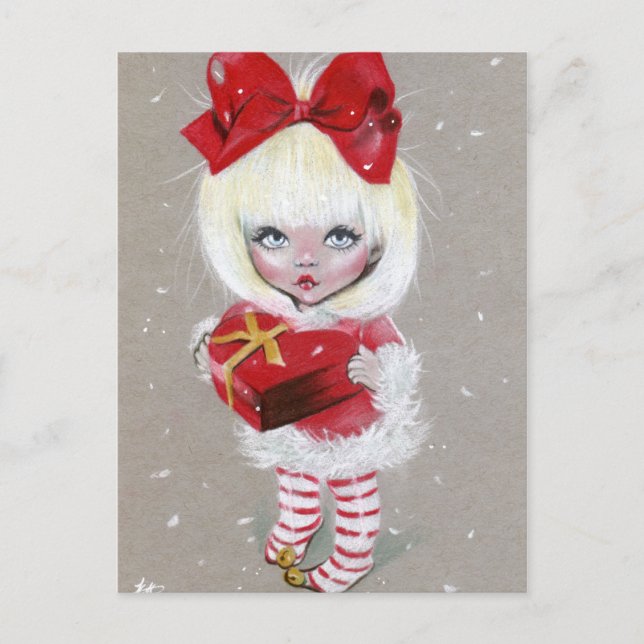 She holds the Christmas Card postcard (Front)