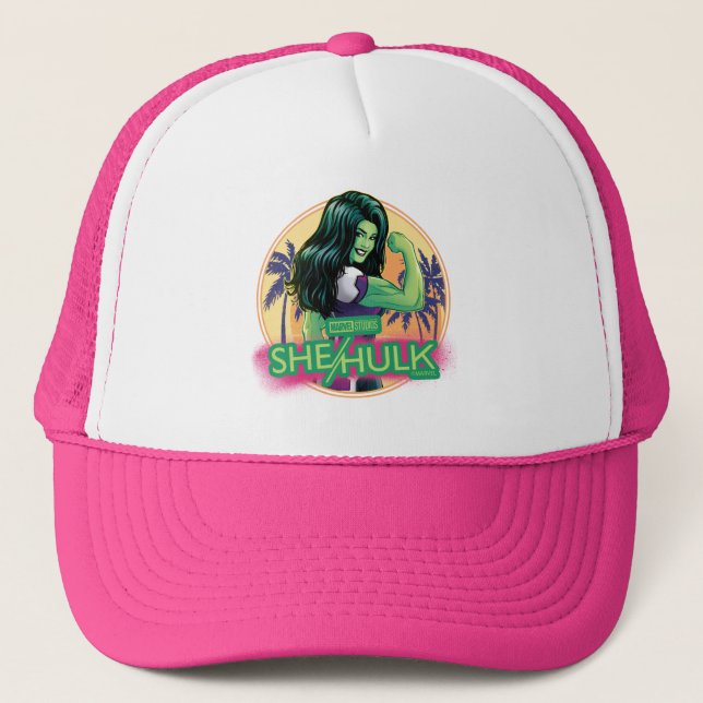 She-Hulk Retro Palm Tree Graphic Trucker Hat (Front)