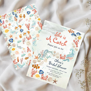 She is a Catch Coastal Lobester Bridal Shower  Invitation