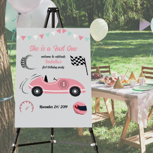 She is a Fast One Festive Pink Race Car Birthday Foam Board