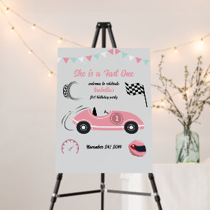 She is a Fast One Festive Pink Race Car Birthday Foam Board