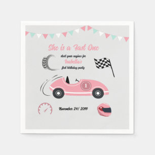 She is a Fast One Festive Pink Race Car Birthday Napkins