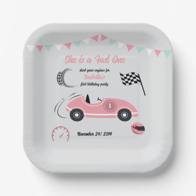 She is a Fast One Festive Pink Race Car Birthday Paper Plates (Front)