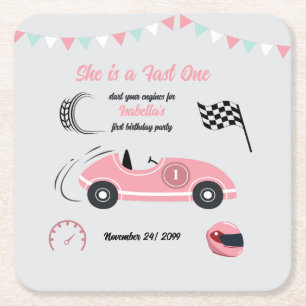 She is a Fast One Festive Pink Race Car Birthday Square Paper Coaster