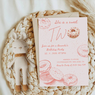 She Is a Sweet Two Donut 2nd Birthday Party Invitation