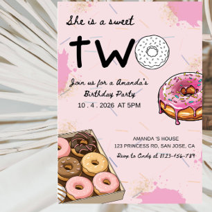 She Is a Sweet Two Donut 2nd Birthday Party Invitation