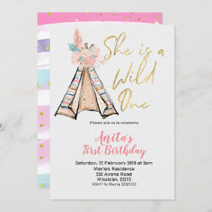 She is a Wild One Birthday Invitation Boho Teepee