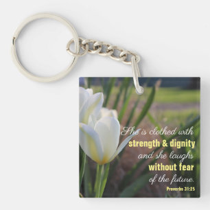 She is clothed Proverbs 31:25 White Tulip Keychain
