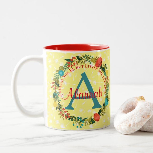 She Is Fierce Monogram Floral Two-Tone Coffee Mug (With Donut)