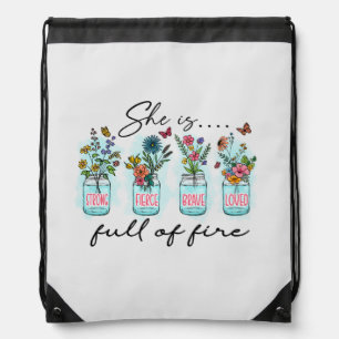 She Is Full of Fire – Vibrant Floral Empowerment Drawstring Bag