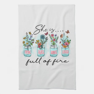 She Is Full of Fire – Vibrant Floral Empowerment Kitchen Towel