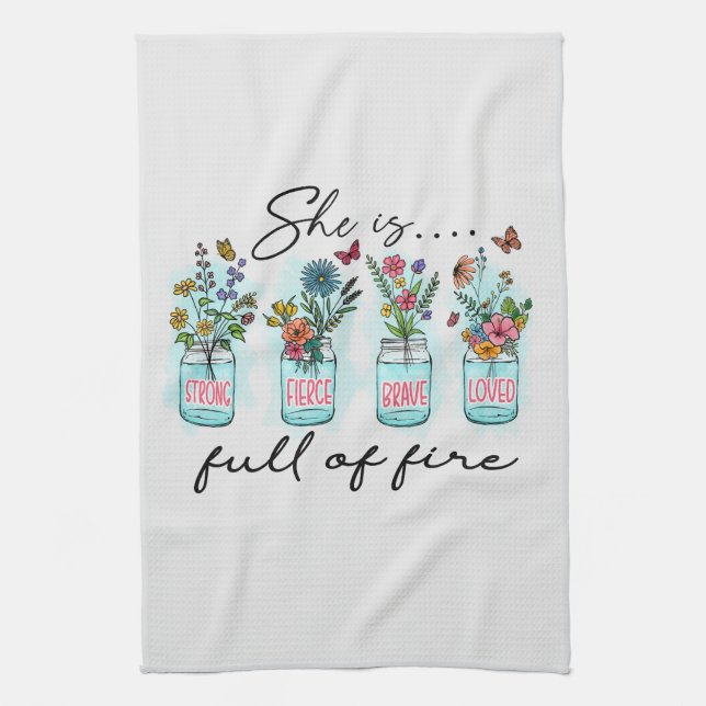 She Is Full of Fire – Vibrant Floral Empowerment Kitchen Towel (Vertical)