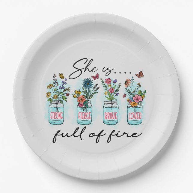 She Is Full of Fire – Vibrant Floral Empowerment Paper Plates (Front)