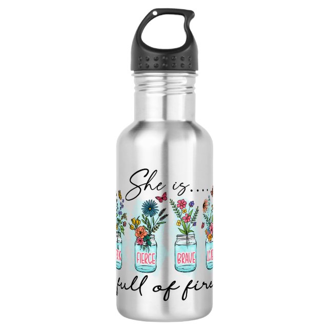 She Is Full of Fire – Vibrant Floral Empowerment Stainless Steel Water Bottle (Front)