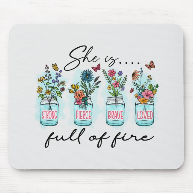 She Is Full of Fire | Vibrant Floral & Vase Mouse Pad (Front)