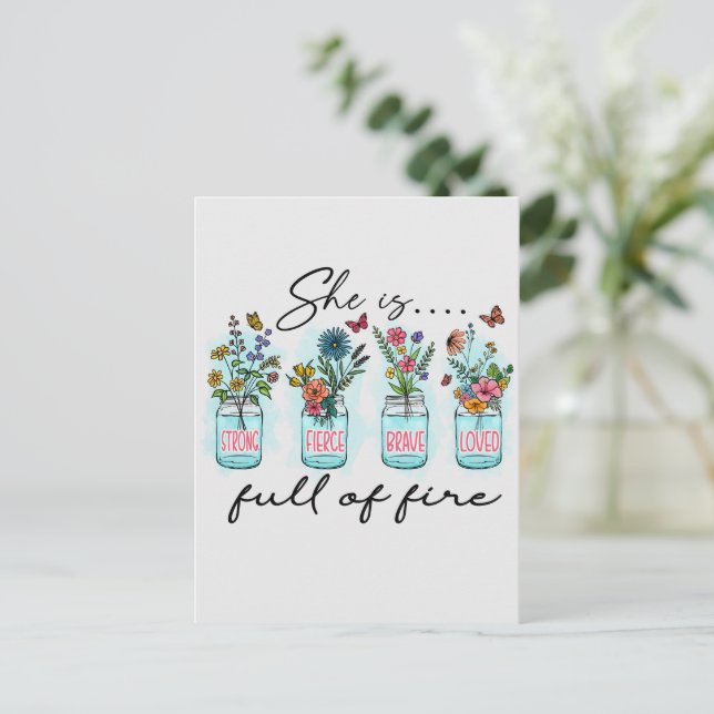 She Is Full of Fire | Vibrant Floral & Vase Postcard (Standing Front)